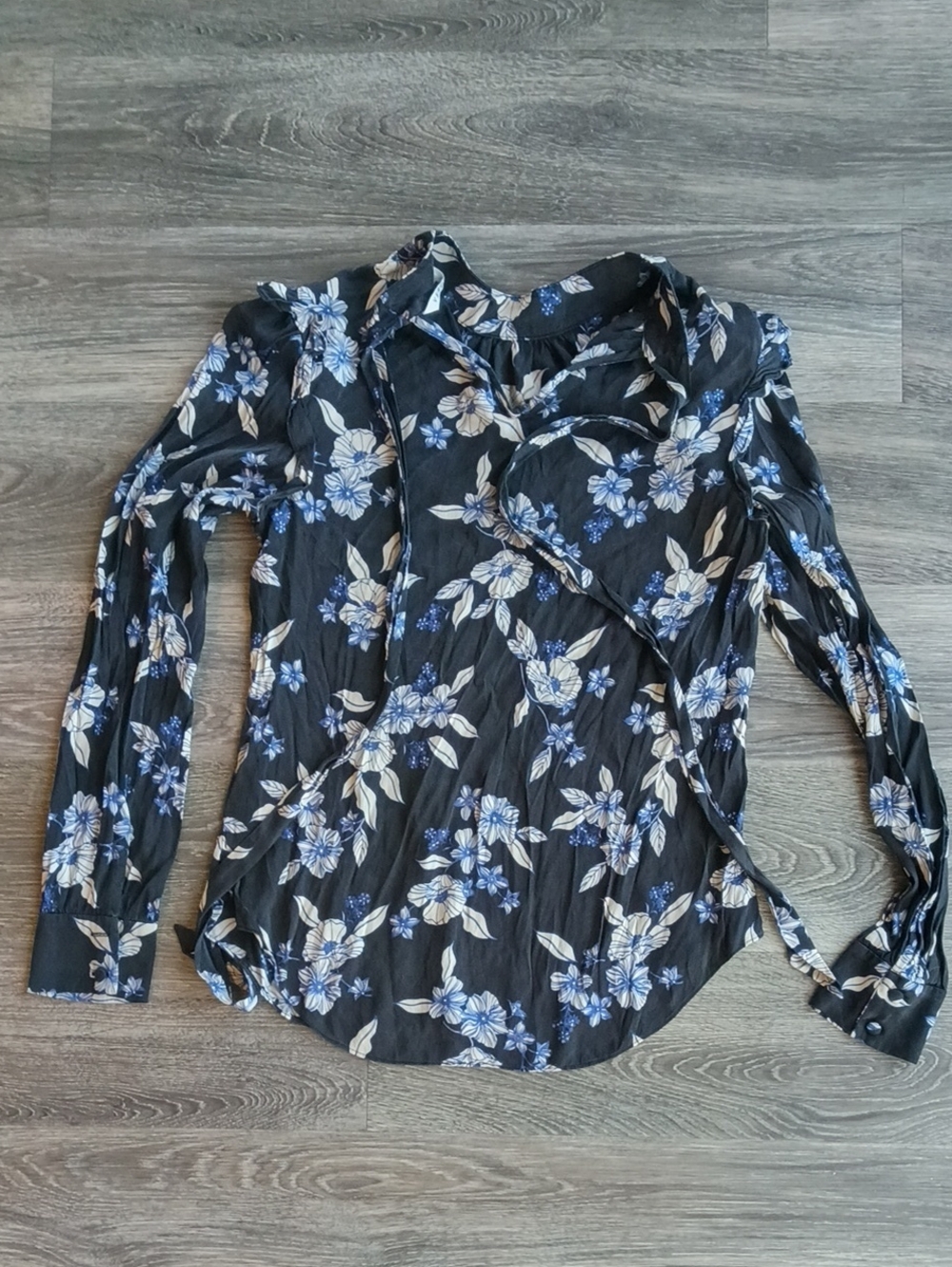Veronica Beard Black Floral Silk Blouse with Blue and Cream Flowers